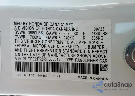 2024 Honda Civic Sport из США, поврежденный, VIN 2HGFE2F52RH505512